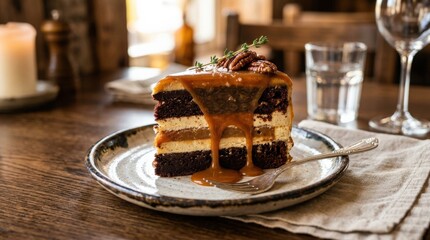 Slice of cake with caramel sauce on plate, decadent dessert presentation, rich creamy layers and glossy topping, elegant food styling, soft warm light, realistic detail, no logos