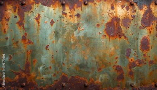 There is a rusted metal surface with rivets on it