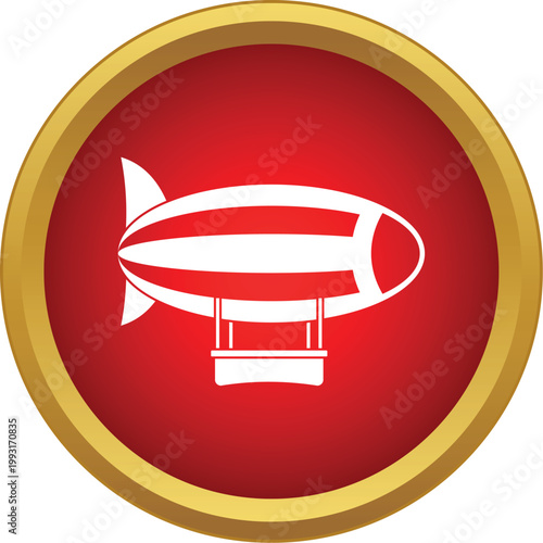 Blimp airship graphic symbol on a vibrant red button with gold border