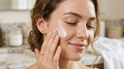 Close-up of person applying skincare cream to cheek, healthy glowing complexion and beauty routine concept with clean natural skin detail, soft lighting, refined realistic finish, no logos