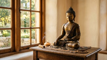 Bronze Buddha statue in meditation pose on a wooden surface, peaceful spiritual atmosphere with warm golden sunlight through windows, serene interior scene, realistic detail, no logos