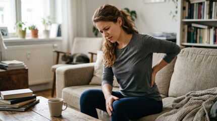 Young woman touching painful shoulder or back indoors, muscle ache concept, health discomfort, body pain, home lifestyle scene, soft light, realistic detail, no logos