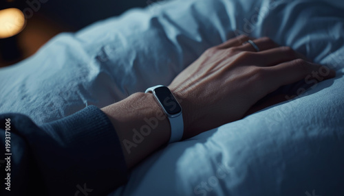 There is a person laying in bed with a smart watch on their wrist