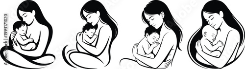 Diverse portrayals of maternal tenderness with a mother holding her infant close in a series of tender embraces and loving poses highlighting the bond of family and nurture