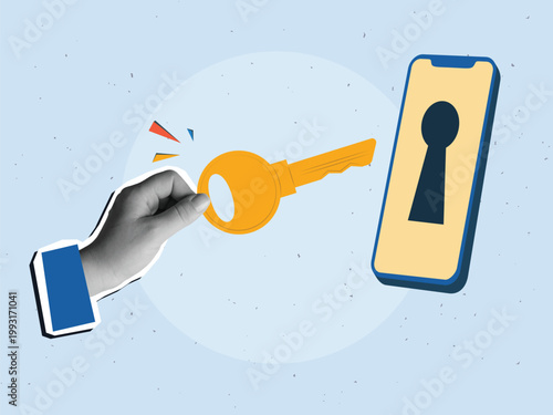 Cybersecurity concept: A hand holding a key to a phone with a keyhole on the screen. Modern collage style. Vector illustration