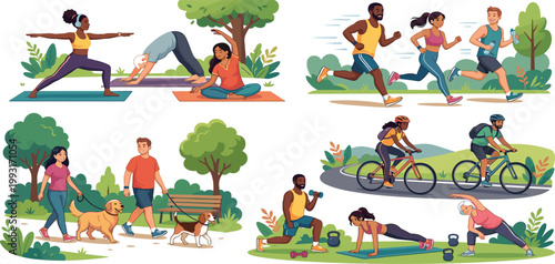 Diverse People Enjoying Outdoor Fitness Activities in City Park Including Yoga Jogging Cycling Walking Dogs and Strength Training Illustration Set for Healthy Active Lifestyle
