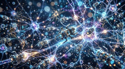 Nanobots in a digital world, microscopic machines concept, futuristic medical or technology innovation, abstract science background, glowing particles, high detail, no logos