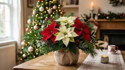 White and red poinsettia plant in bloom, festive holiday floral arrangement with lush leaves and soft indoor light, realistic detail, no logos