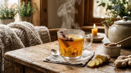 Steaming glass cup of ginger tea with fresh ginger slices, healthy hot beverage concept, cozy wellness drink, rustic background, no logos