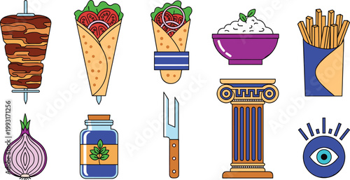Greek Street Food and Mediterranean Cuisine Vector Icon Set Featuring Gyro Meat Spit, Souvlaki Wrap, Tzatziki Bowl, French Fries, Red Onion, and Carving Knife
