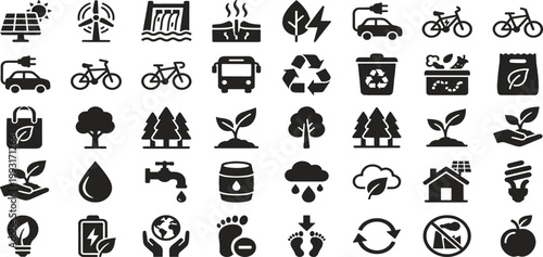Set Featuring Renewable Energy Green Transportation Recycling Symbols Environmental Protection and Natural Resource Conservation Flat Black Vector Silhouette Graphics