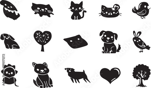 Cute Animal Silhouette Icons Set, Pets, Birds, Tree Heart Vector