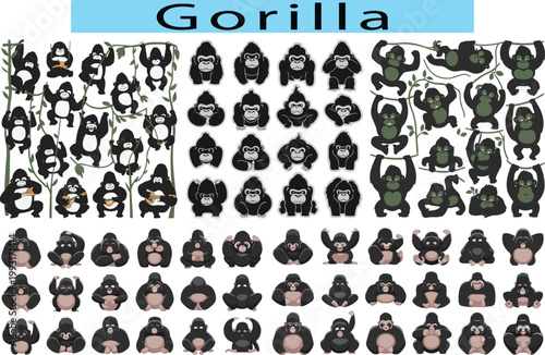 Cute Gorilla vector art in a white background, Gorilla in different poses