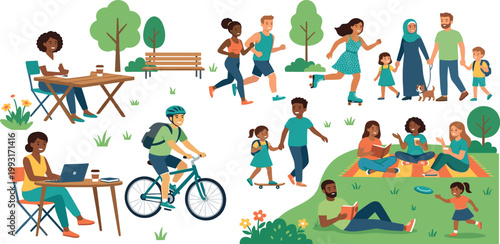 Diverse People Enjoying Outdoor Park Activities Featuring Remote Working Cycling Jogging Roller Skating Picnicking And Family Walking Illustration Set For Urban Lifestyle
