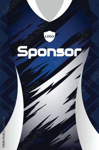 Abstract Sport Jersey Template with Dynamic Blue and White Shapes, Professional E-sports Jersey Design for Gaming Team Uniform, Modern Sublimation Soccer Jersey Pattern with Geometric Elements.