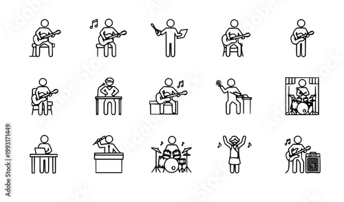 Guitar player stick figure icon set music lesson performance vector isolated on white background