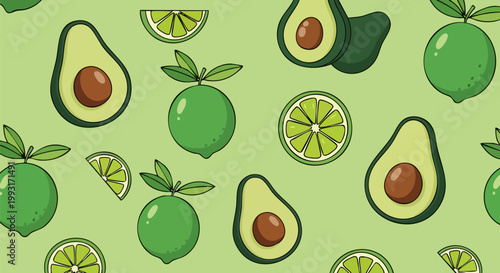 Seamless avocado and lime pattern vector, fresh green citrus fruit and avocado halves background, organic food illustration for kitchen wallpaper