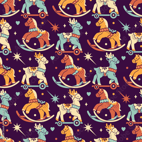 Seamless festive pattern. Christmas holiday background with vintage playful childhood toy style for wrapping paper.