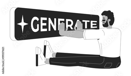 Generative AI for content generation line illustration concept. Black man activating artificial intelligence with generate button outline 2D character isolated. Ink linear metaphor vector art