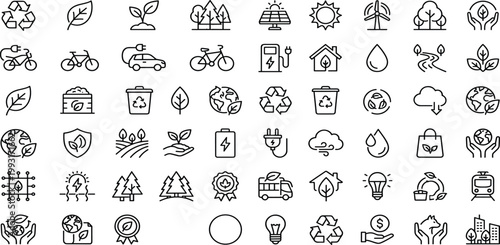 Ecology and Sustainable Lifestyle Line Icon Set Featuring Renewable Energy Carbon Reduction Recycling Waste Management Green Building Natural Resource Conservation