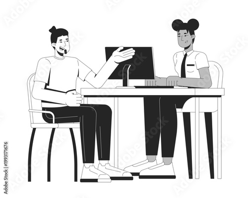 Customer service interaction at bank desk 2D line characters. Caucasian male client in professional conversation with civil servant isolated vector ink outline people. Monochromatic spot illustration