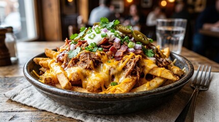 Fries with cheddar and meat in bowl, loaded comfort food dish with rich toppings and hearty fast food appeal, realistic detail, no logos