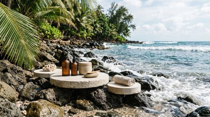 Minimal circular platforms on a rocky shoreline with ocean waves and palm leaves, serene coastal product display scene, tropical luxury atmosphere, bright natural light, realistic detail, no logos