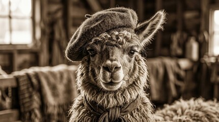 Close up portrait of a llama wearing a beret, sepia toned animal character portrait with quirky fashion styling and realistic fur detail, no logos