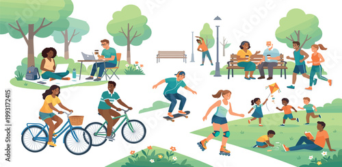 Flat vector illustration of diverse people enjoying various outdoor park activities like cycling running skateboarding rollerblading and relaxing in nature for urban lifestyle concepts.