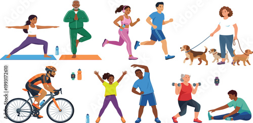 Flat vector collection of diverse multicultural people engaging in outdoor fitness activities including yoga running cycling weightlifting and walking dogs for healthy lifestyle wellness.