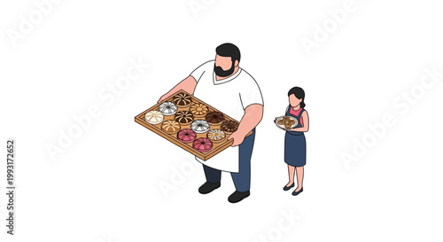 Bakery owner proudly presents a fresh tray of delicious donuts.