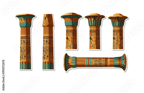 Ancient Egyptian Temple Column Sticker. Flat Vector Illustration of Papyrus Pillar with Hieroglyphic Relief.