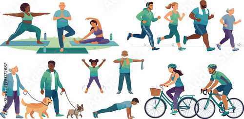 Flat vector set of diverse people of different ages and ethnicities practicing healthy lifestyle activities like yoga, running, cycling, and walking dogs for wellness design.