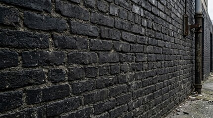Black brick wall texture, rugged industrial background, dark masonry surface, urban backdrop, grunge design element, rough pattern, copy space, dramatic contrast, high detail, no logos