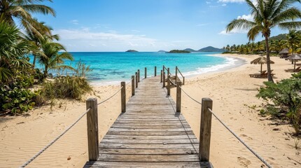 Weathered wooden planks leading to turquoise sea and sandy beach under clear sky, tropical boardwalk view, summer travel destination, serene coastal background, realistic detail, no logos