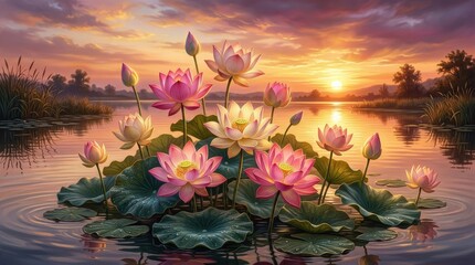Stylized lotus flowers at sunset, serene floral composition, glowing warm sky, peaceful botanical scene, elegant decorative atmosphere, realistic detail, no logos