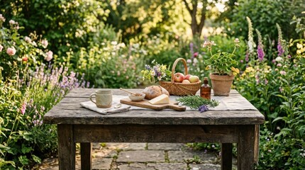 Rustic wooden table in an outdoor setting with blurred greenery and flowers, warm inviting product display background, natural soft light, realistic photography, no logos