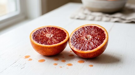 Juicy blood orange sliced in half on white table, fresh citrus concept, vibrant red pulp and clean composition, realistic food photography, no logos