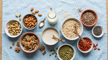 Colorful nuts, grains and milk on a light blue background, healthy ingredients for cooking or snacking, natural food concept, clean flat lay composition, fresh soft light, realistic detail, no logos