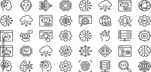Large set of artificial intelligence line icons featuring neural networks machine learning chatbots robotics data processing and smart technology for modern digital interface design.
