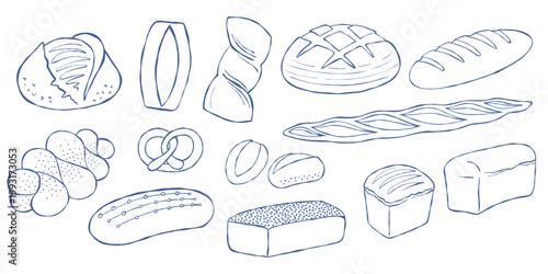 Hand drawn bread set. Bakery or shop icon, logo of pastry illustrations. Sketch of loaf, bagel, ciabatta, tartine, baguette etc. vintage art for  breakfast, kitchen, cafe. Flat vector design.