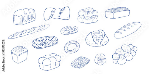 Hand drawn bread set. Bakery or shop icon, logo of pastry illustrations. Sketch of loaf, bagel, ciabatta, tartine, baguette etc. vintage art for  breakfast, kitchen, cafe. Flat vector design.