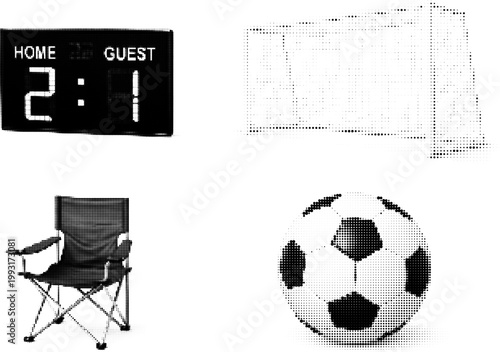 Halftone vector soccer scene with grunge dotted retro elements