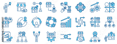 Business management and corporate strategy icon set. Line filled icon including marketing, growth, operations, process, workflow, analytics, planning, leadership, innovation, startup, finance