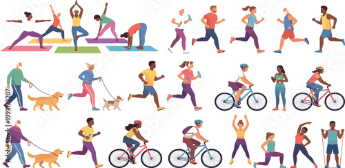 Large set of diverse multicultural flat vector people engaging in outdoor fitness activities including yoga running cycling walking dogs and strength training for wellness.