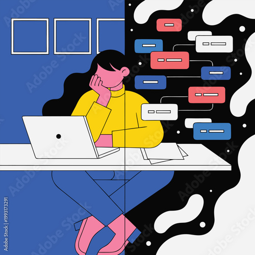 Woman experiences focus vs distraction while working on laptop at desk.