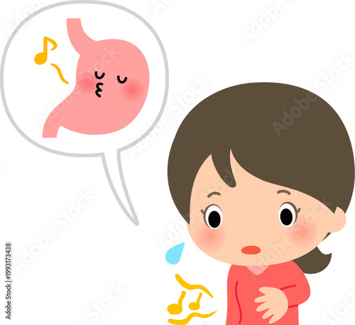 空腹でお腹が鳴る女性と口笛を吹く胃のキャラクター
