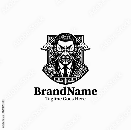 A Japanese gangster style character with mask and tattoo elements is illustrated as a bold emblem logo design monochrome
