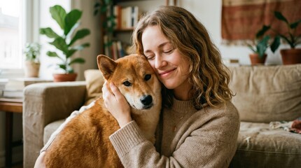Film style close up portrait of a woman hugging her Shiba Inu dog, tender pet companionship and emotional lifestyle concept, soft natural texture, realistic detail, no logos