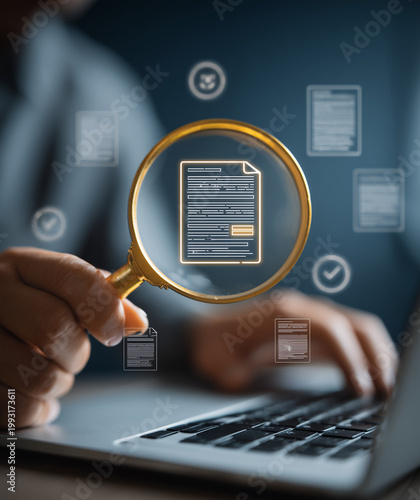 document management, file search and auditing, hold magnifier to search file, audit documents, magnifying glass verification, using a magnifying glass to review and audit documents with laptop